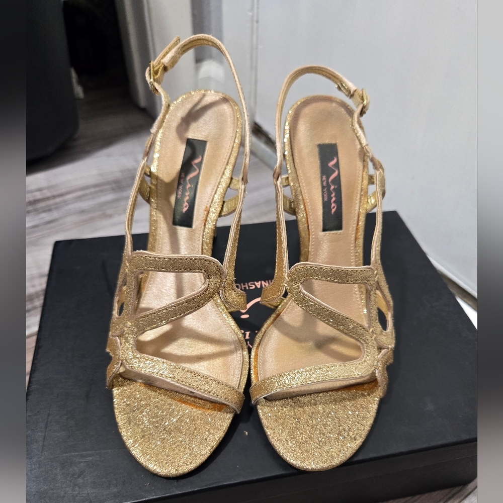 Nina Gold Glitter Strappy Heeled Sandals